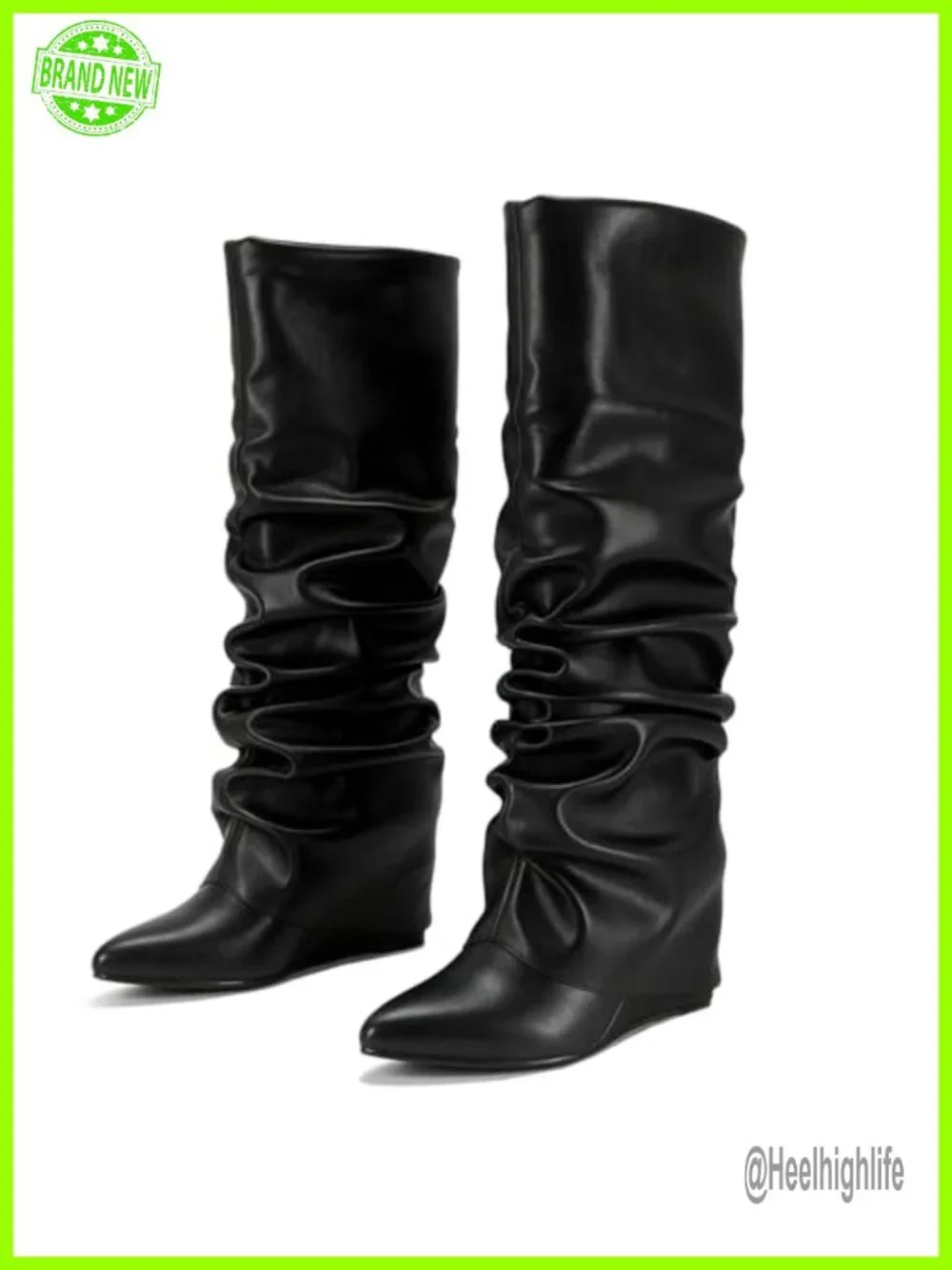 Slouched Wedge Heel Knee High Boots Pointed Toe Fold Over